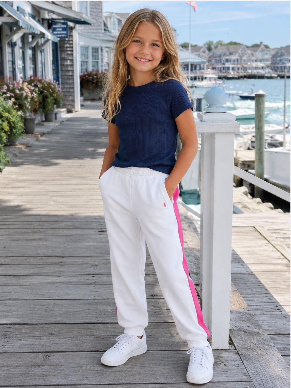 Polo by Ralph Lauren White Sweatpants with Pink Side Stripe
